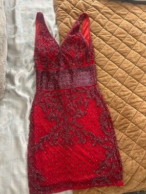 Red Beaded V-Neck Prom Dress with Glitter Waist